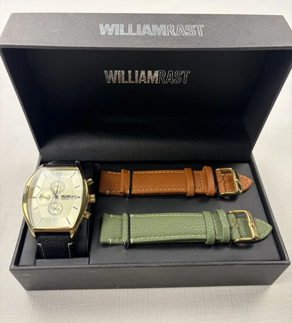 *NEW* MENS WILLIAM RAST STAINLESS STEEL CHRONOGRAPH WATCH W/3 LEATHER BANDS